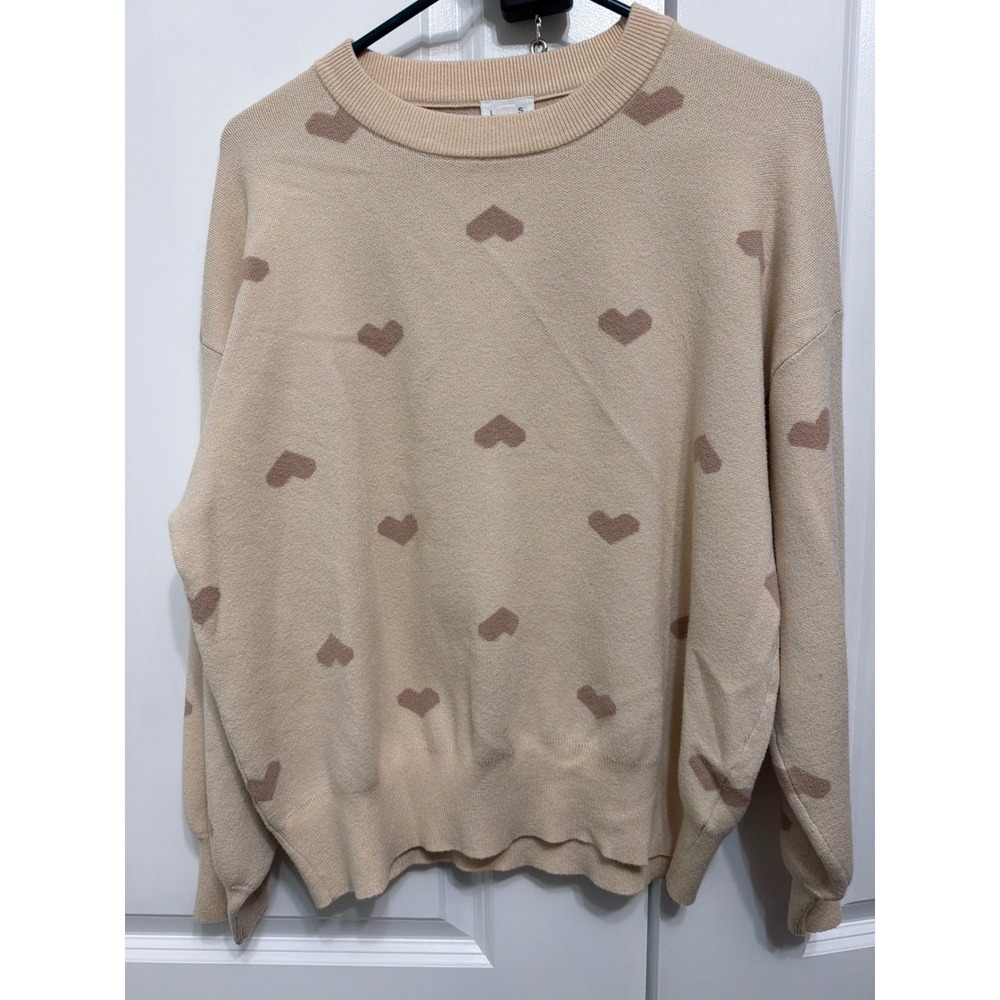 Le Lis Collection Heart Print Crewneck Sweater Beige Mauve Small